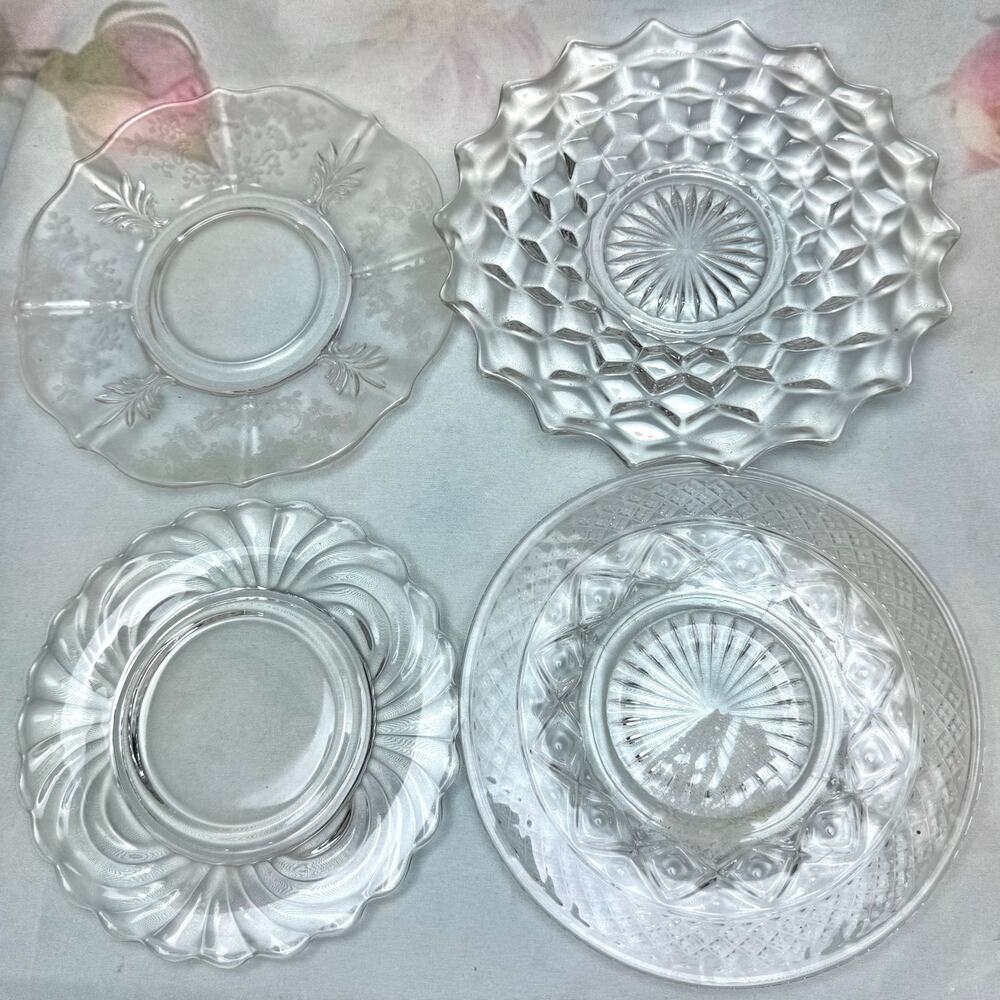 Vintage Set Of 4 Clear Glass Fostoria, Cape Cod, Cambridge, Crystal Plates